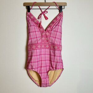 Talbots Swimsuit Collab Cabana life Embroidered One Piece Halter Pink Plaid NEW